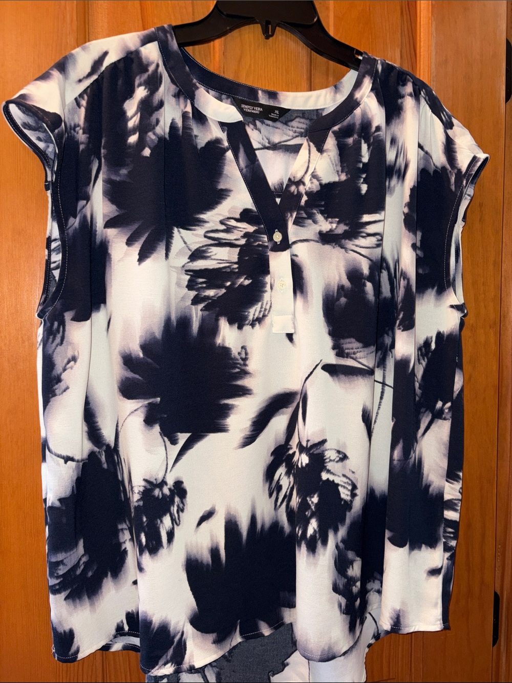 Vera Wang Navy and White Floral Henley Blouse